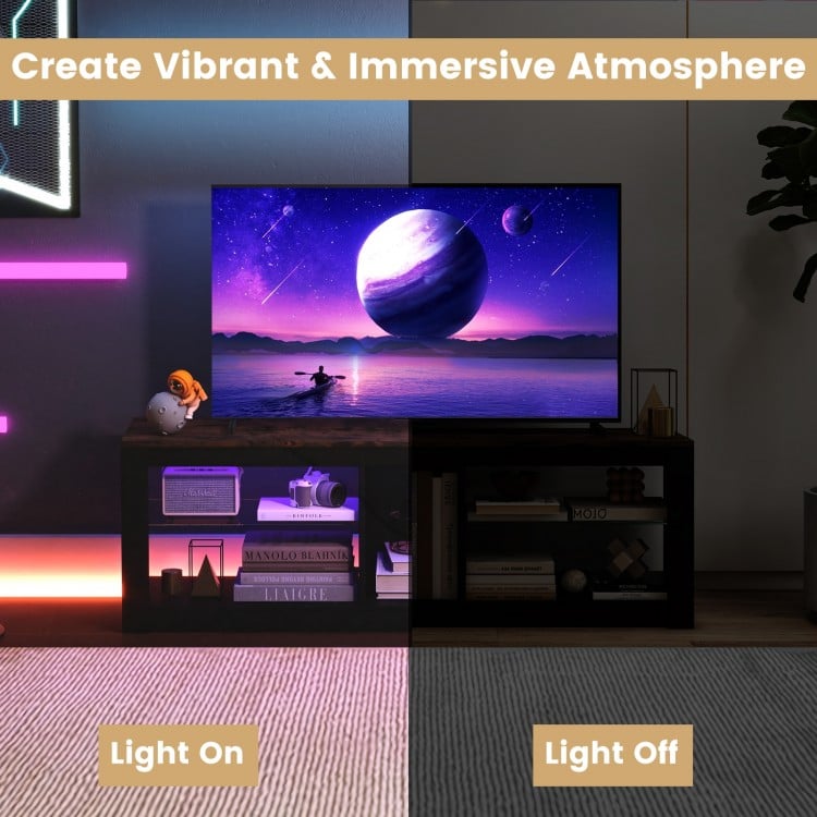 Modern TV stand with LED light, adjustable shelves, and cable management for TVs up to 65 inches, creating an immersive.