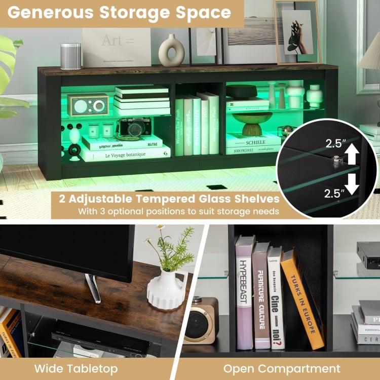 Modern TV stand in brown with LED light, adjustable shelves, and open compartment for TVs up to 65 inches.