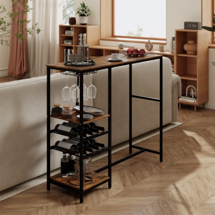 Rustic brown bar height dining table with storage shelves, wine racks, and stemware holders for versatile home use.