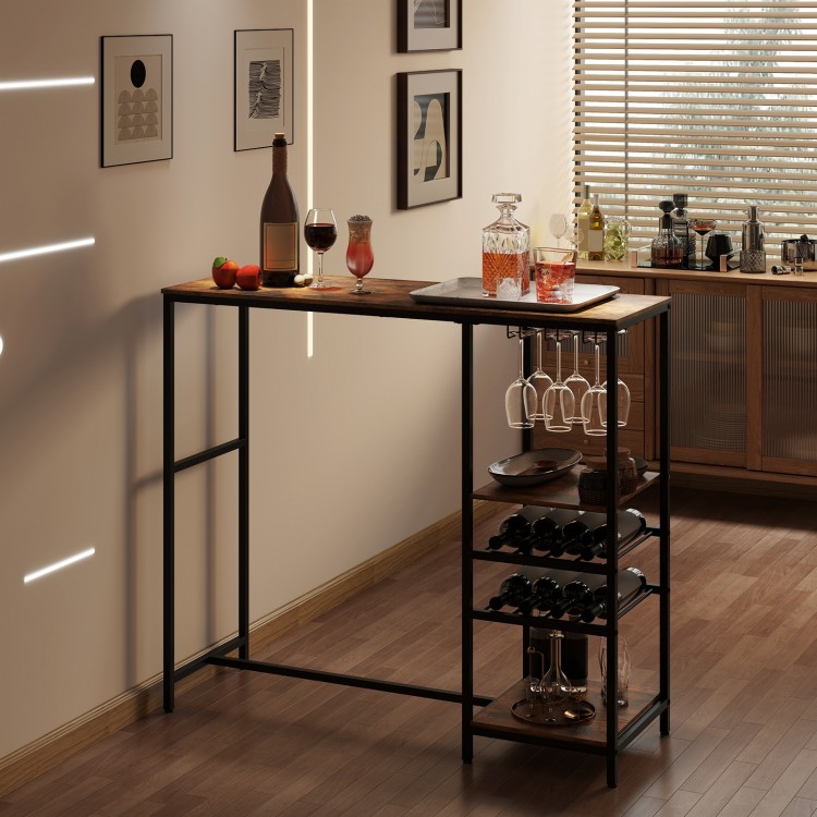 Rustic brown bar height dining table with storage shelves, featuring wine racks and stemware holders for versatile use.