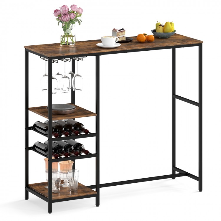 Long bar table in rustic brown with wine racks, stemware holders, and storage shelves for versatile use.
