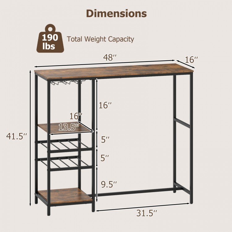 Long bar table in rustic brown with dimensions, featuring storage shelves and wine racks for versatile use.