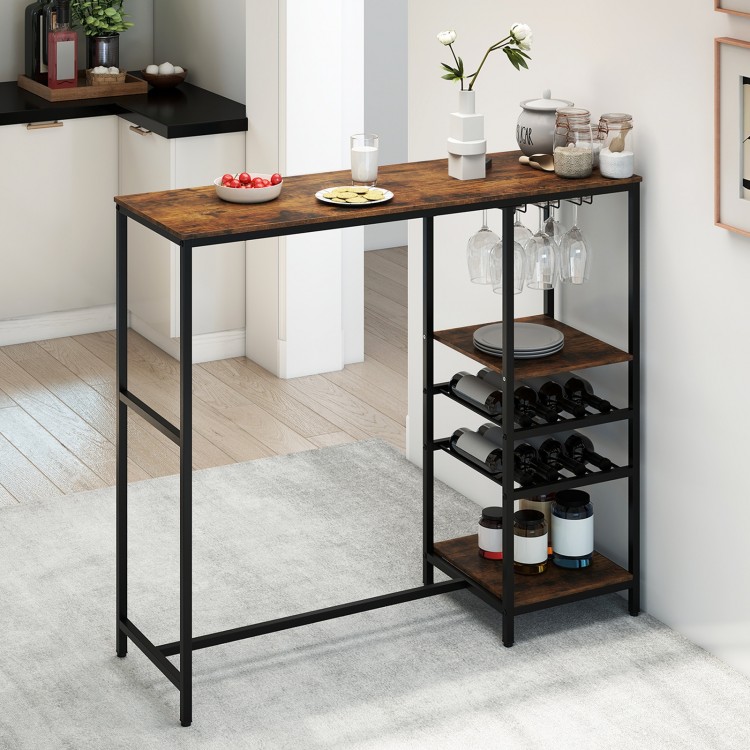 Rustic brown long bar table showcasing a spacious tabletop and sturdy metal frame, perfect for home bar or dining.