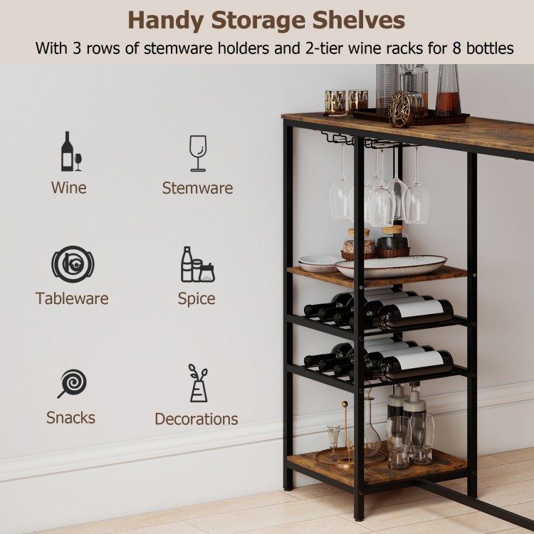 Long bar table in rustic brown with storage shelves, wine racks for 8 bottles, and stemware holders for versatile use.
