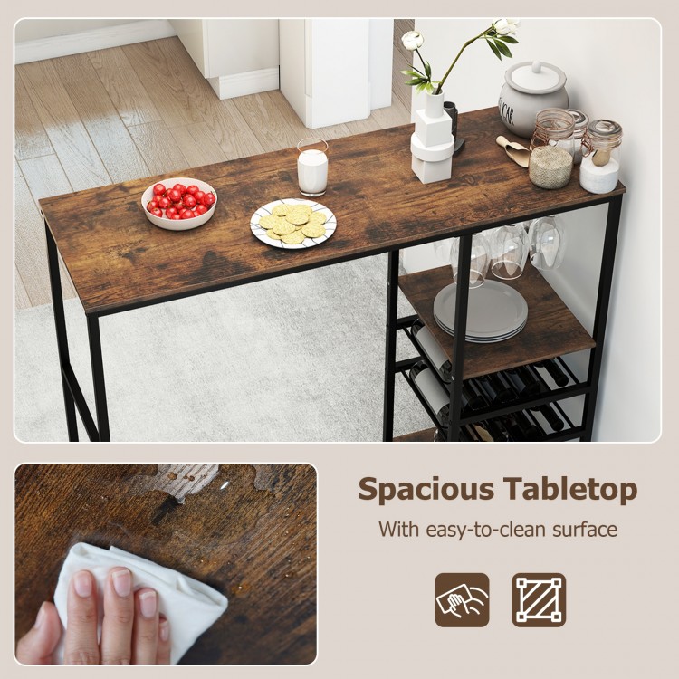 Spacious rustic brown bar table with easy-to-clean surface, featuring storage shelves and wine racks for versatile use.