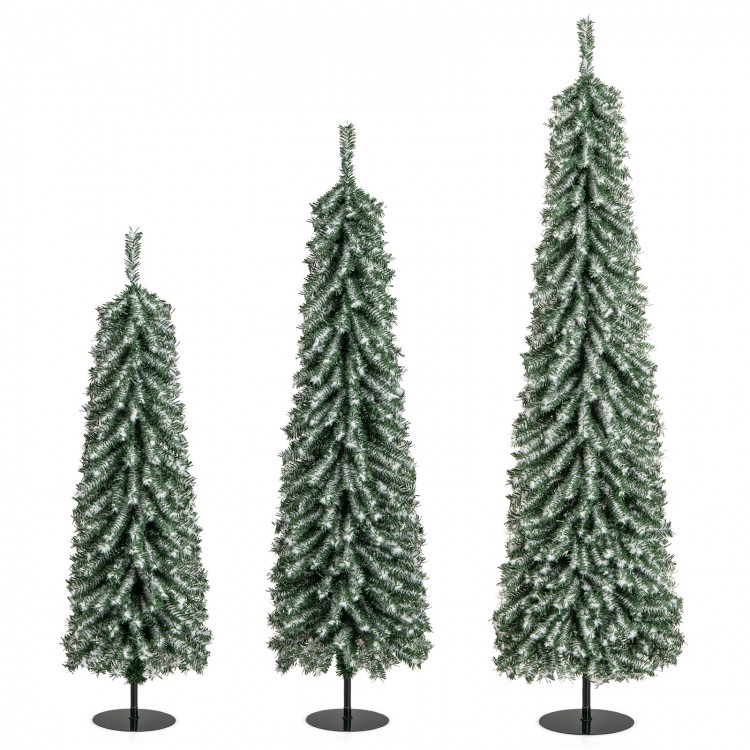 Set of 3 artificial Christmas trees (4, 5, 6 feet) with realistic snow and LED lights, perfect for festive decoration.