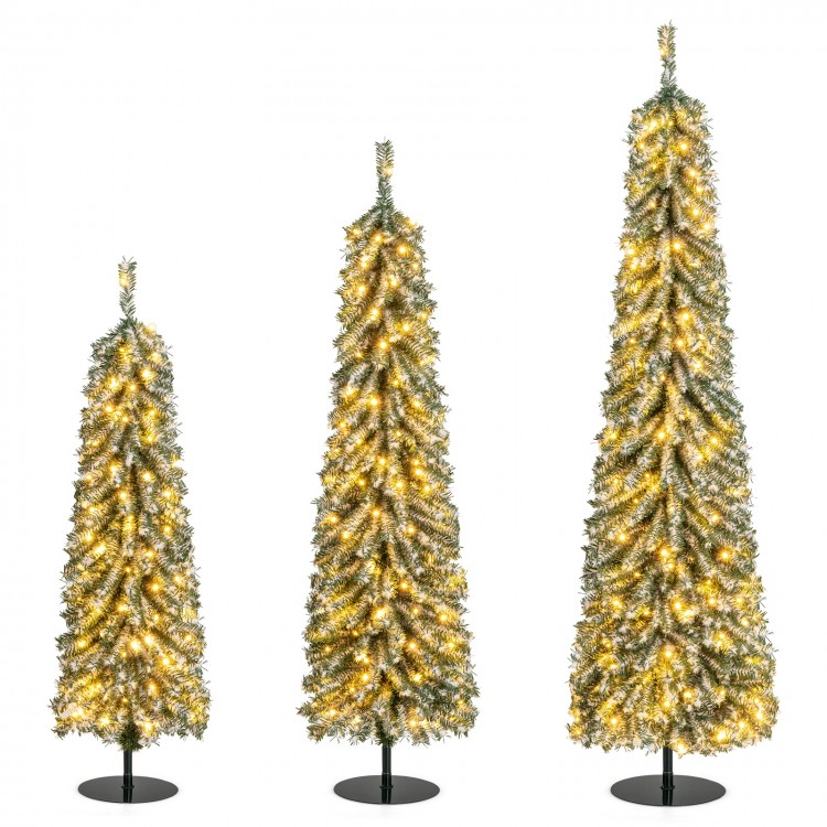 Three artificial Christmas trees, 4/5/6 feet tall, with realistic snow and LED lights for festive home decoration.