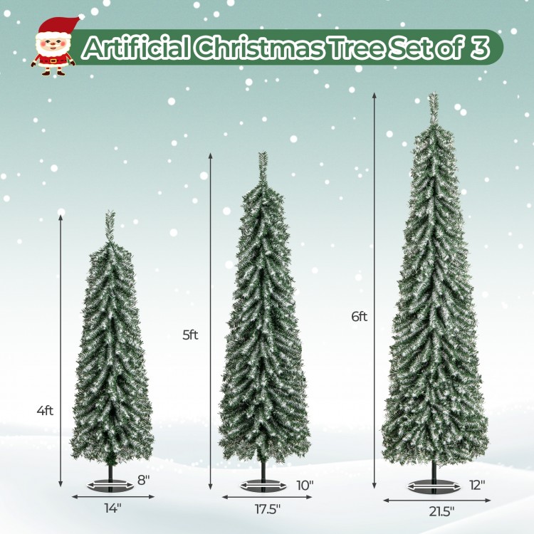 Set of 3 artificial Christmas trees (4ft, 5ft, 6ft) with realistic snow and LED lights for festive decoration.