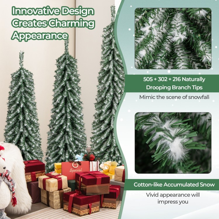 Three-piece artificial Christmas tree set with realistic accumulated snow and LED lights for festive home decoration.