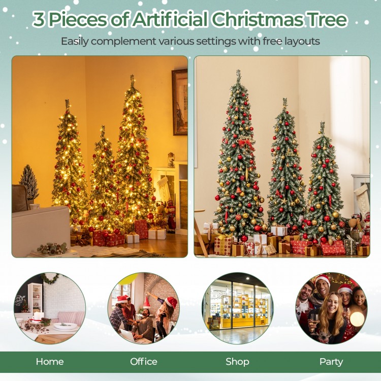 Set of 3 artificial Christmas trees, 4/5/6 feet tall, with realistic snow and LED lights for festive decoration.