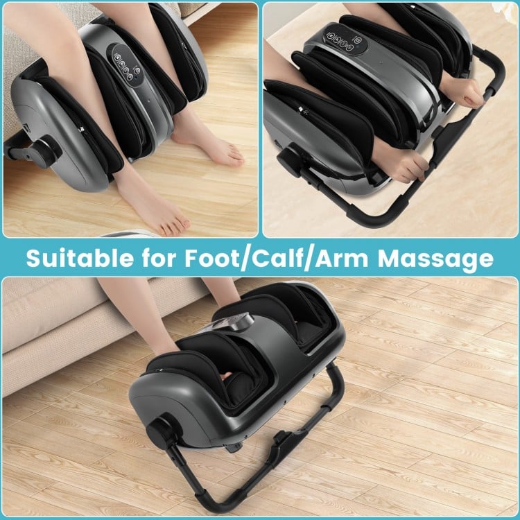 Foot and calf massager in gray with heat, featuring a rotary stand for versatile use and customizable massage options.