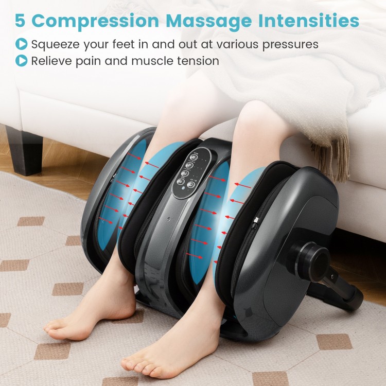 Foot and calf massager in gray with 5 compression intensities for pain relief and improved blood circulation.
