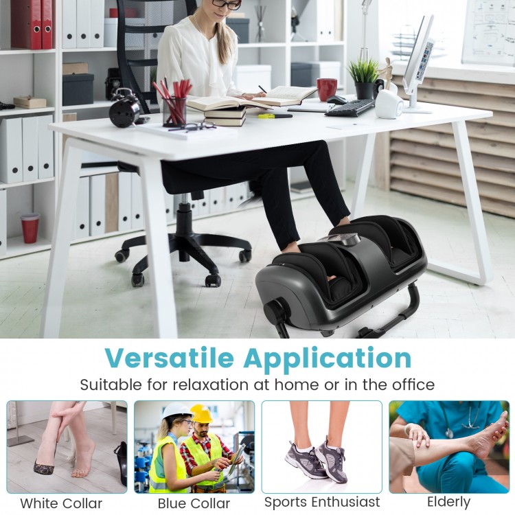 Foot and calf massager in gray with heat, offering shiatsu and compression for relaxation at home or office.