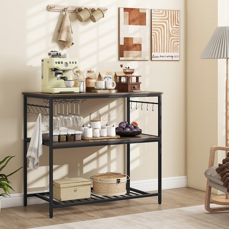 Kitchen island with gray finish, featuring 3 shelves, wine glass holders, and 10 hooks for kitchen organization.