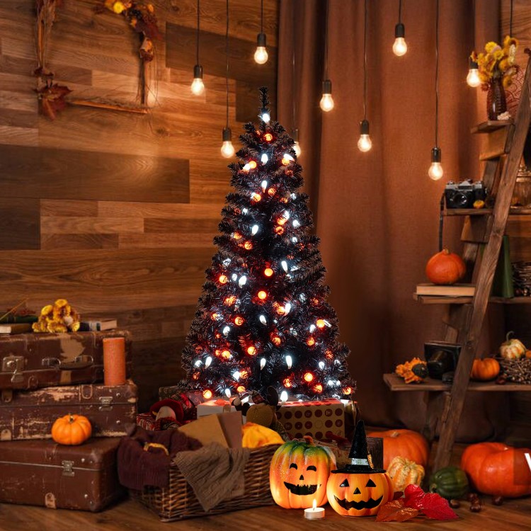 4.5 feet artificial Halloween tree with black leaves, 65 ghost and pumpkin lights, set in a festive autumn scene.