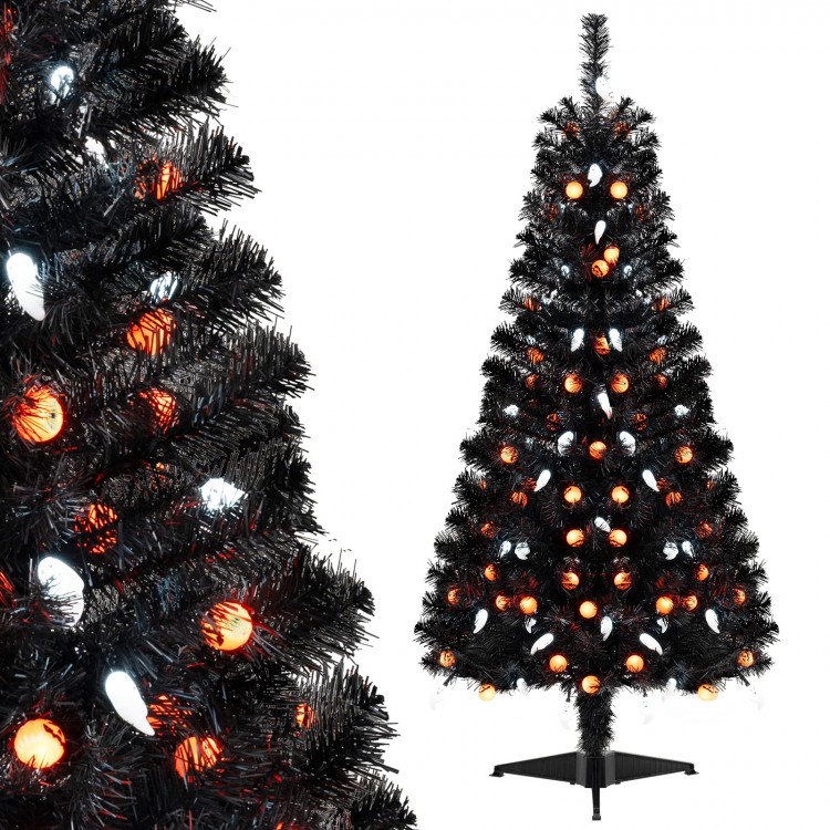 Black 4.5 feet artificial Halloween tree with 65 ghost and pumpkin lights, featuring 6 lighting modes for festive.