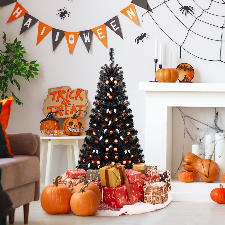 4.5 feet artificial Halloween tree with black leaves, ghost and pumpkin lights, perfect for festive home decor.