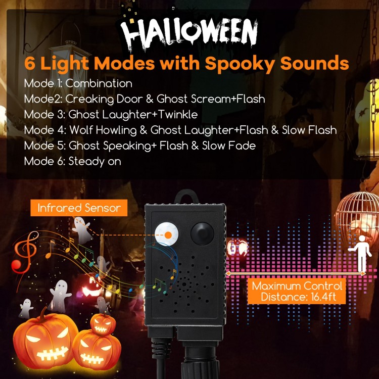 4.5 feet artificial Halloween tree with black leaves, 6 lighting modes, and 5 music options for festive decoration.
