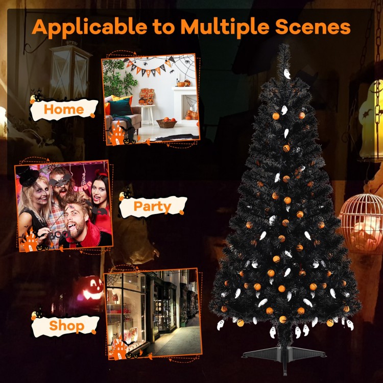 4.5 feet artificial Halloween tree with black leaves, 65 ghost and pumpkin lights, perfect for home, party, or shop.