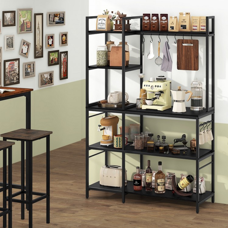 5-tier black bakers rack with power outlets, S-shaped hooks, and spacious shelves for kitchen organization.