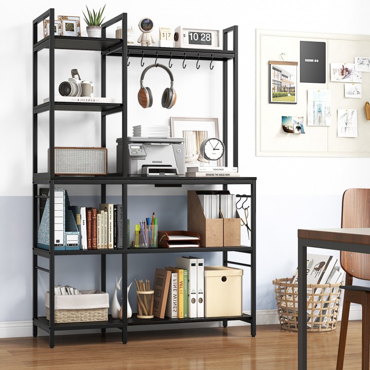 5-tier black bakers rack featuring a charging station, ample storage, and 10 S-shaped hooks for kitchen organization.