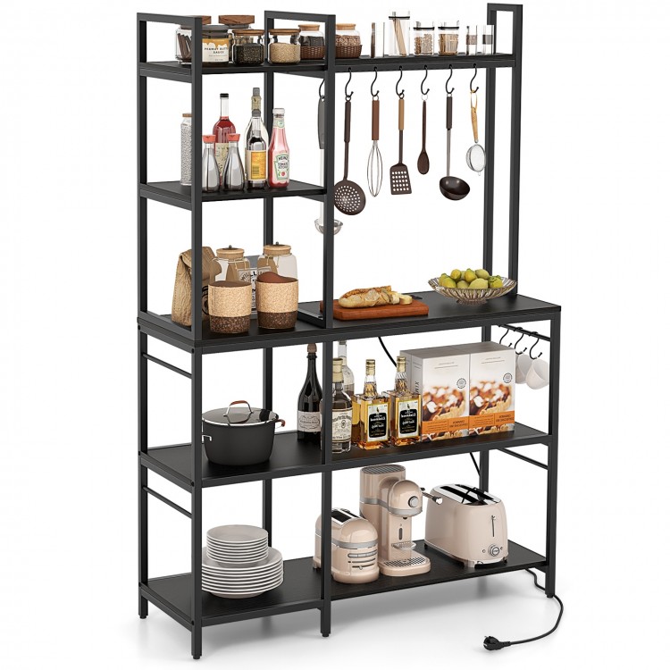 5-tier black bakers rack featuring open storage, power outlets, and 10 S-shaped hooks for kitchen organization.