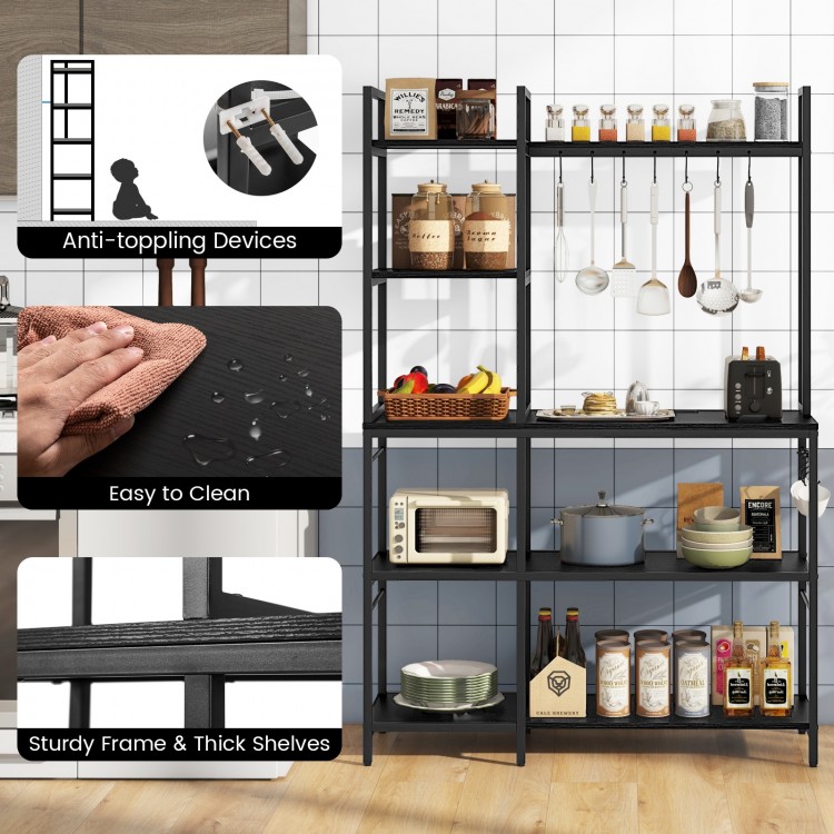 5-tier black bakers rack featuring sturdy shelves, power outlets, and 10 S-shaped hooks for kitchen organization.