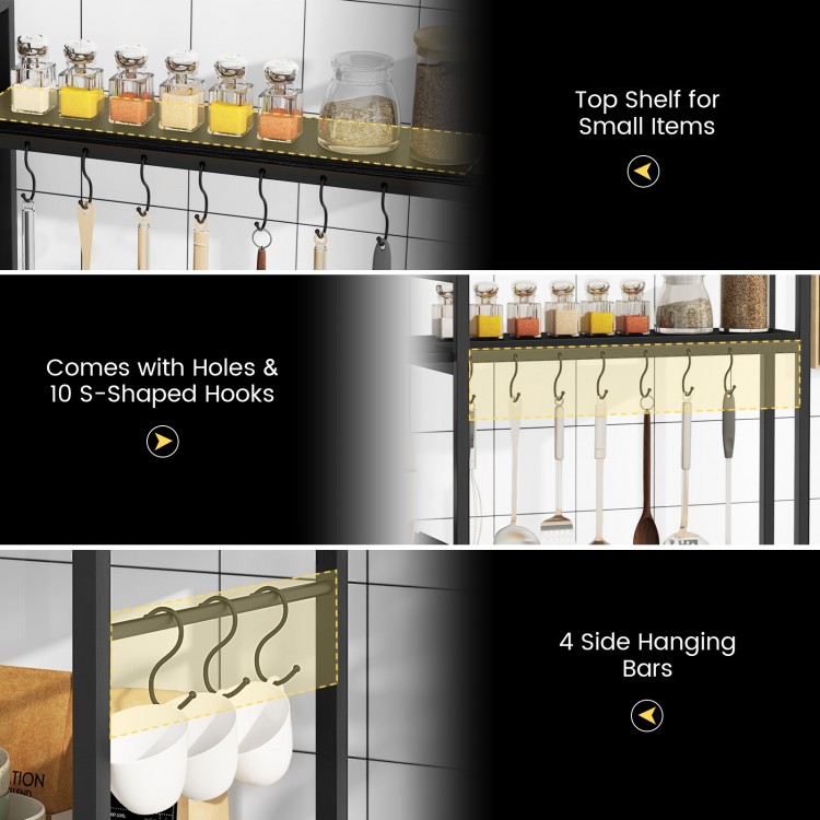 Top shelf of the 5-tier black bakers rack with holes and 10 S-shaped hooks for organizing small kitchen items.