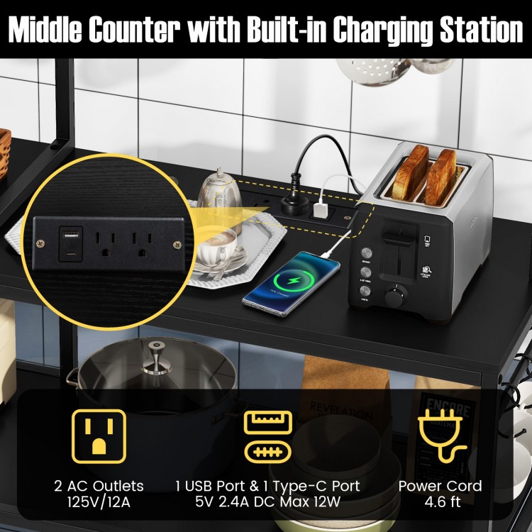 Spacious middle counter of the 5-tier bakers rack with built-in charging station and power outlets for kitchen.