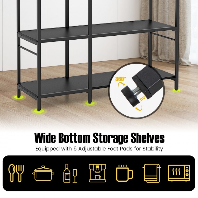 5-tier black bakers rack featuring wide bottom storage shelves and adjustable foot pads for stability in the kitchen.