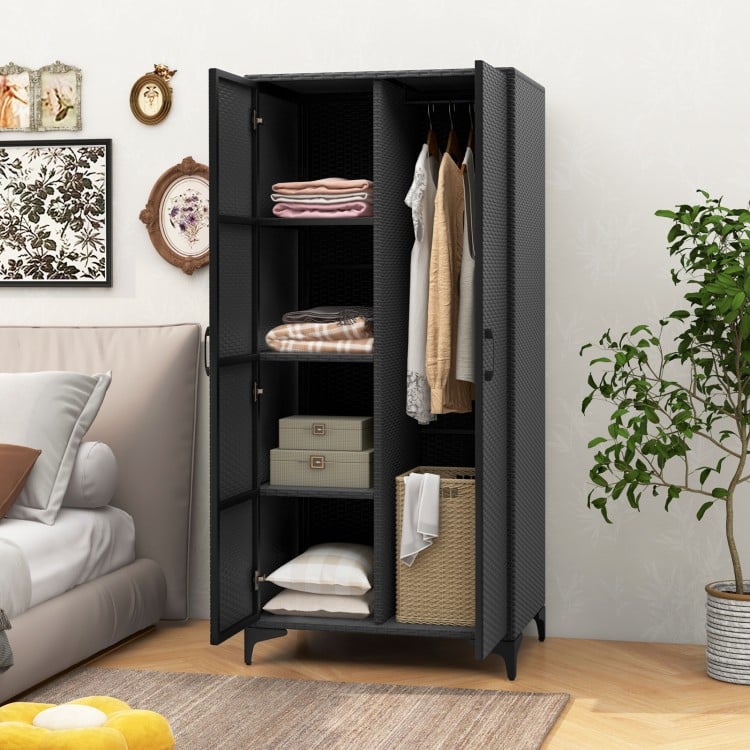Black 62-inch wicker wardrobe with 2 doors, PE rattan, hanging rod, and 4 storage cubes for versatile organization.