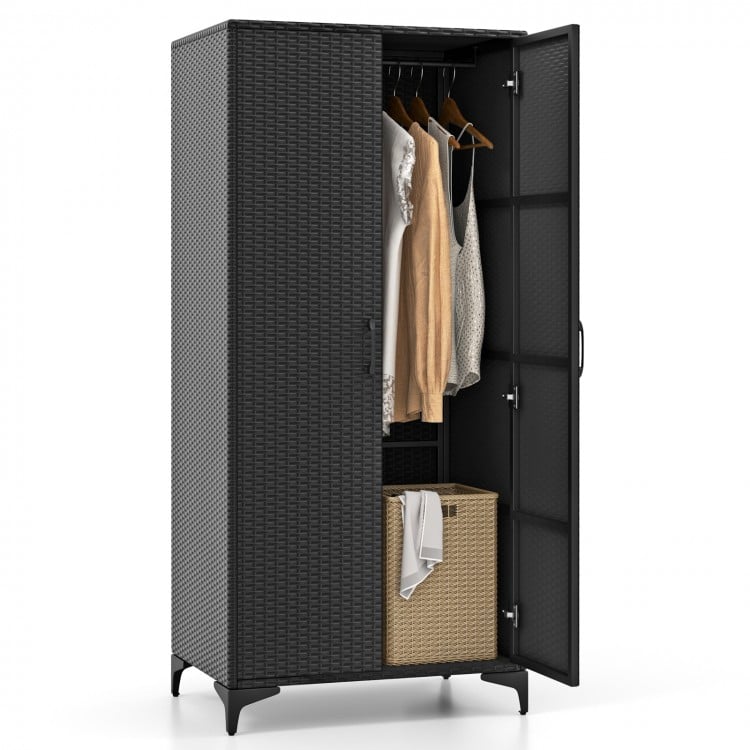 Black 62-inch wicker wardrobe with two doors, hanging rod, and storage cubes for organized clothing and accessories.