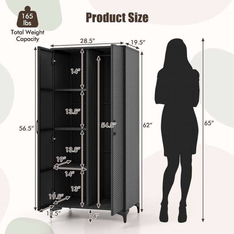62-inch black wicker wardrobe with 2 doors, PE rattan, hanging rod, and 4 storage cubes for versatile organization.