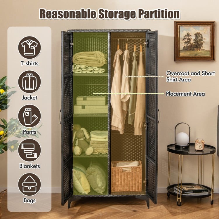 62-inch black wicker wardrobe with PE rattan, featuring a hanging rod and organized storage for clothes and accessories.
