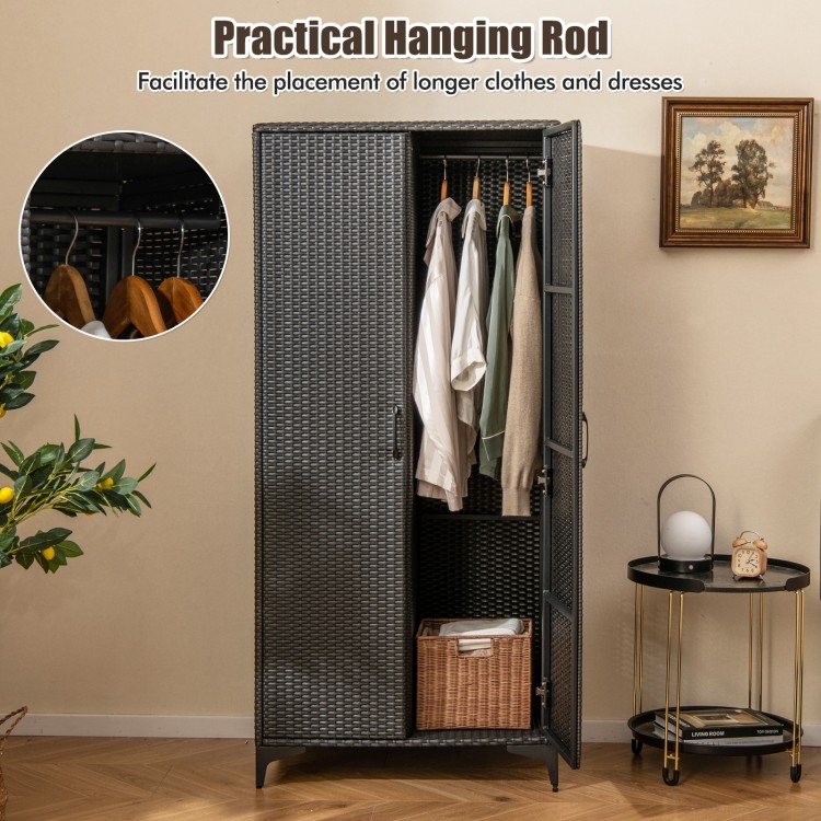 62-inch black wicker wardrobe with 2 doors, PE rattan, hanging rod, and storage cubes for organized clothing.