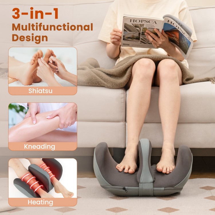 Foot and calf massager in gray with shiatsu, kneading, and heating features for relaxing home or office use.