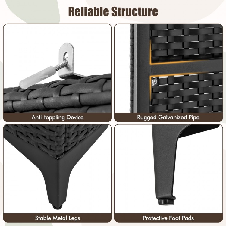 Close-up of the PE rattan texture on the 62-inch black wardrobe with sturdy galvanized pipes and protective foot pads.