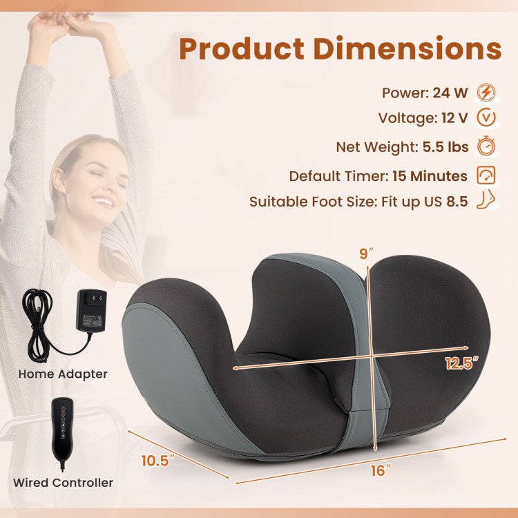 Foot and calf massager in gray with dimensions, features kneading, shiatsu, and heat for soothing muscle relief.