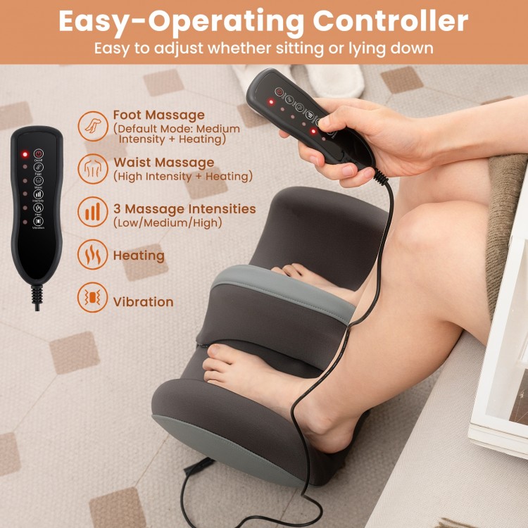 Foot and calf massager with heat, featuring a wired controller for adjustable kneading and vibration, ideal for home.