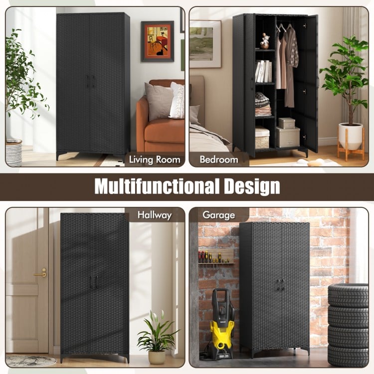 62-inch black wicker wardrobe with 2 doors, featuring a hanging rod and storage cubes for versatile organization.