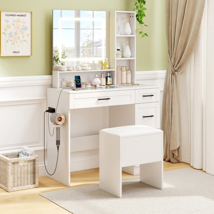 White vanity stool with flip top storage, cushioned seat, and non-slip foot pads, perfect for small spaces.