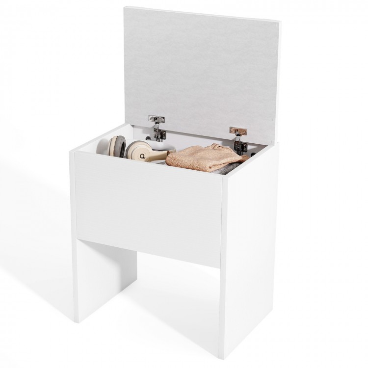 White vanity stool with flip top storage, cushioned seat, and compact design for small spaces. Ideal as a shoe bench.