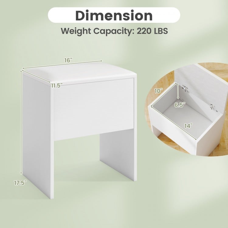 White vanity stool with flip top storage, cushioned seat, and dimensions for compact spaces, ideal for organization.