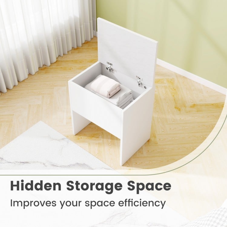 Vanity stool with flip top storage, white cushioned seat, compact design for small spaces, ideal for organizing.