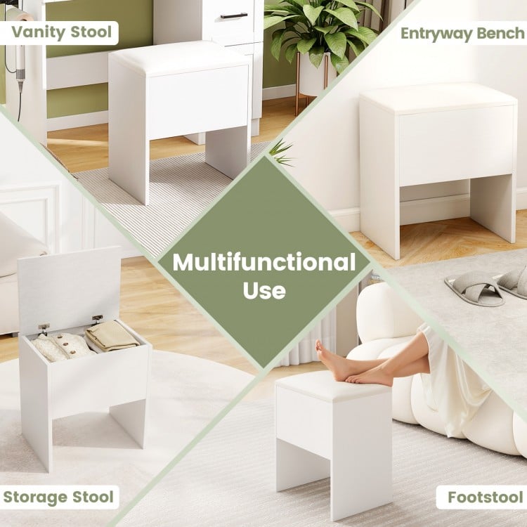 White vanity stool with flip-top storage, cushioned seat, and compact design for versatile use in small spaces.