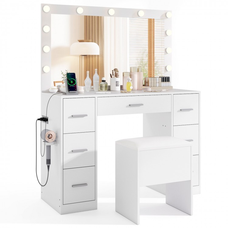 White vanity desk with LED lighted mirror and adjustable brightness, featuring a convenient charging station and.