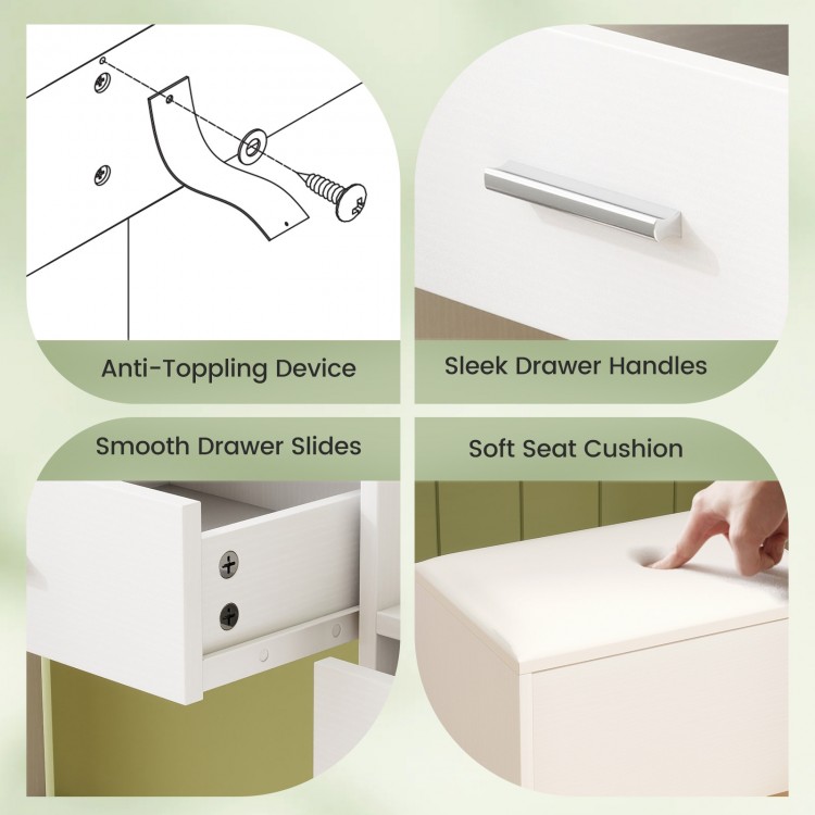 Anti-toppling device and sleek drawer handles on the 43.5-inch white vanity desk with mirror and lights for bedroom.