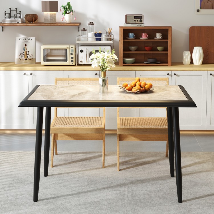 Rectangular sintered stone dining table with golden metal frame, perfect for kitchen or dining room gatherings.