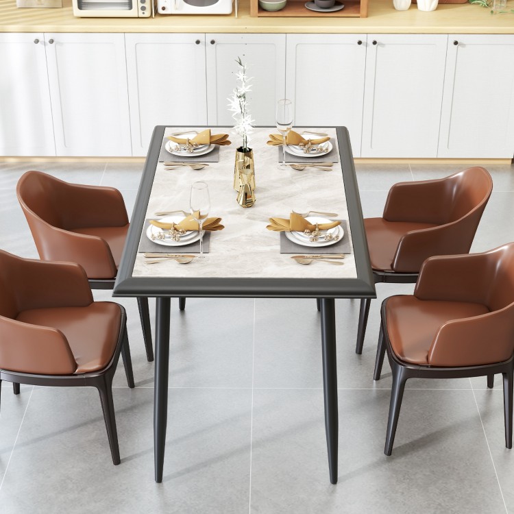 Rectangular sintered stone dining table with golden metal frame, stylish design for indoor dining, seats 4 comfortably.