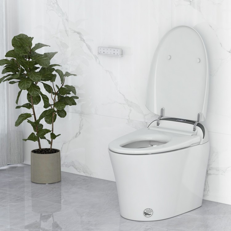 One-piece elongated smart toilet bidet with heated seat, remote control, and auto open/close lid for modern bathrooms.